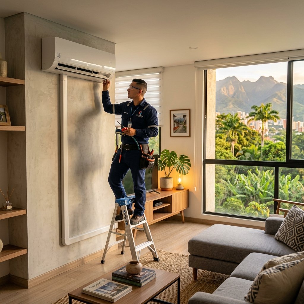 Técnico de Ingemet Proyectos instalando aire acondicionado en una casa de Dosquebradas, Risaralda