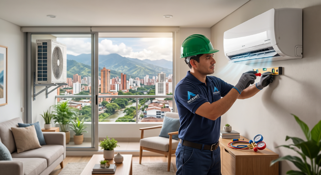 Técnico de Ingemet Proyectos instalando aire acondicionado en una casa de Pereira, Eje Cafetero