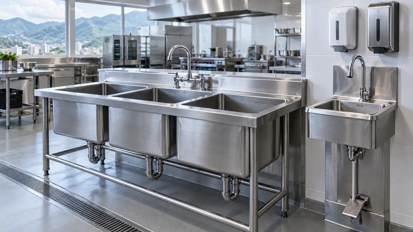 Poceta industrial 3 pozos en acero inoxidable con lavamanos de pedal lateral — cocina industrial profesional con vista a las montañas de Colombia — Ingemet Proyectos Pereira