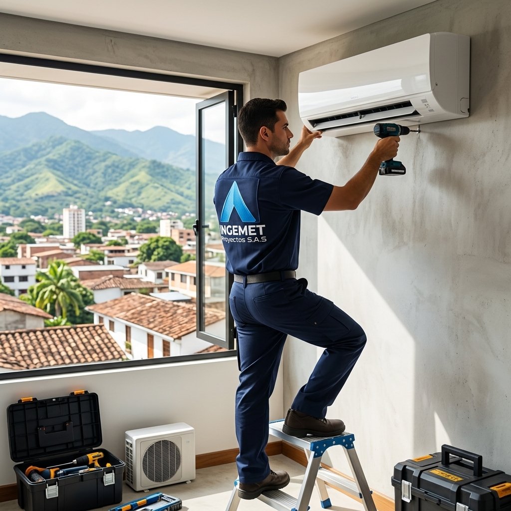 Técnico de Ingemet Proyectos instalando aire acondicionado en Tuluá, norte del Valle del Cauca