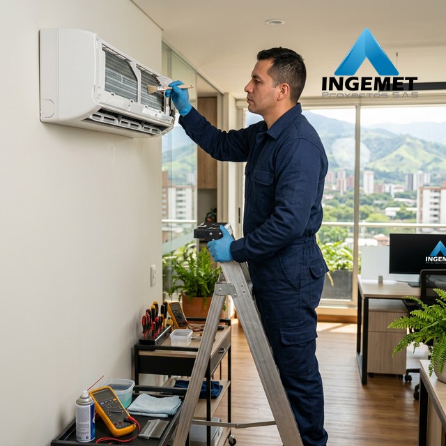 Técnico de Ingemet Proyectos realizando mantenimiento de aire acondicionado en Pereira