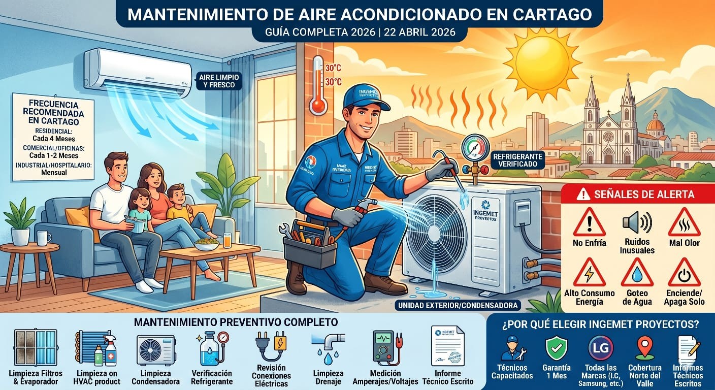 Técnico de Ingemet Proyectos realizando mantenimiento de aire acondicionado en Cartago, norte del Valle