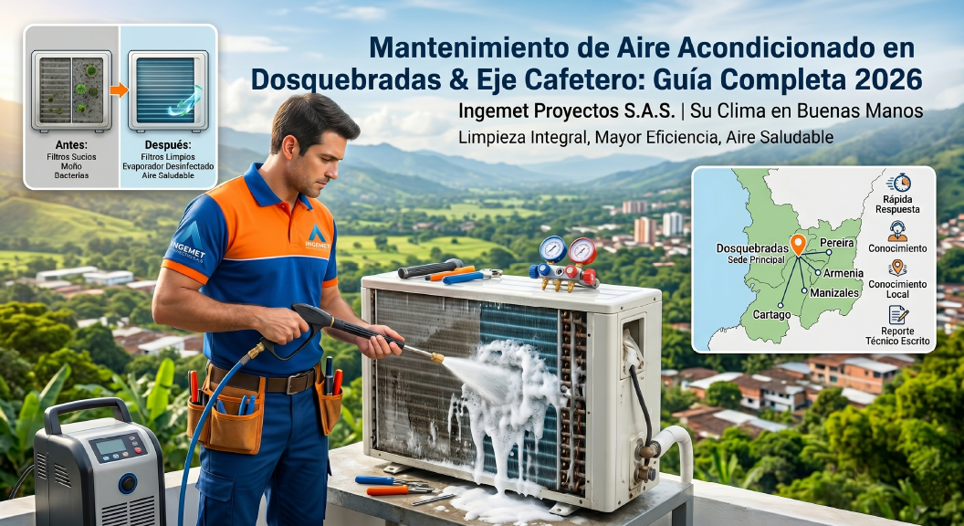 Técnico de Ingemet Proyectos realizando mantenimiento de aire acondicionado en Dosquebradas, Risaralda