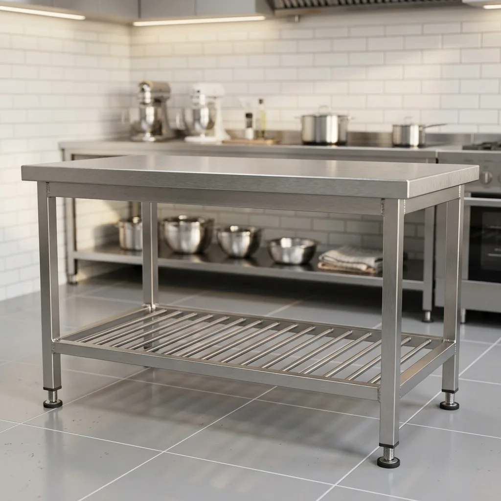 Mesón liso en acero inoxidable 304 con estante inferior para cocina industrial en Pereira