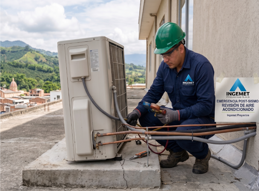 Técnico reparando aire acondicionado dañado por terremoto en el Eje Cafetero